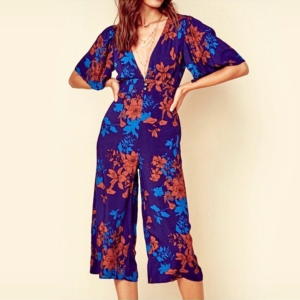 Sage the Label Blue Floral Cropped Deep V Plunge Jumpsuit Women’s Small